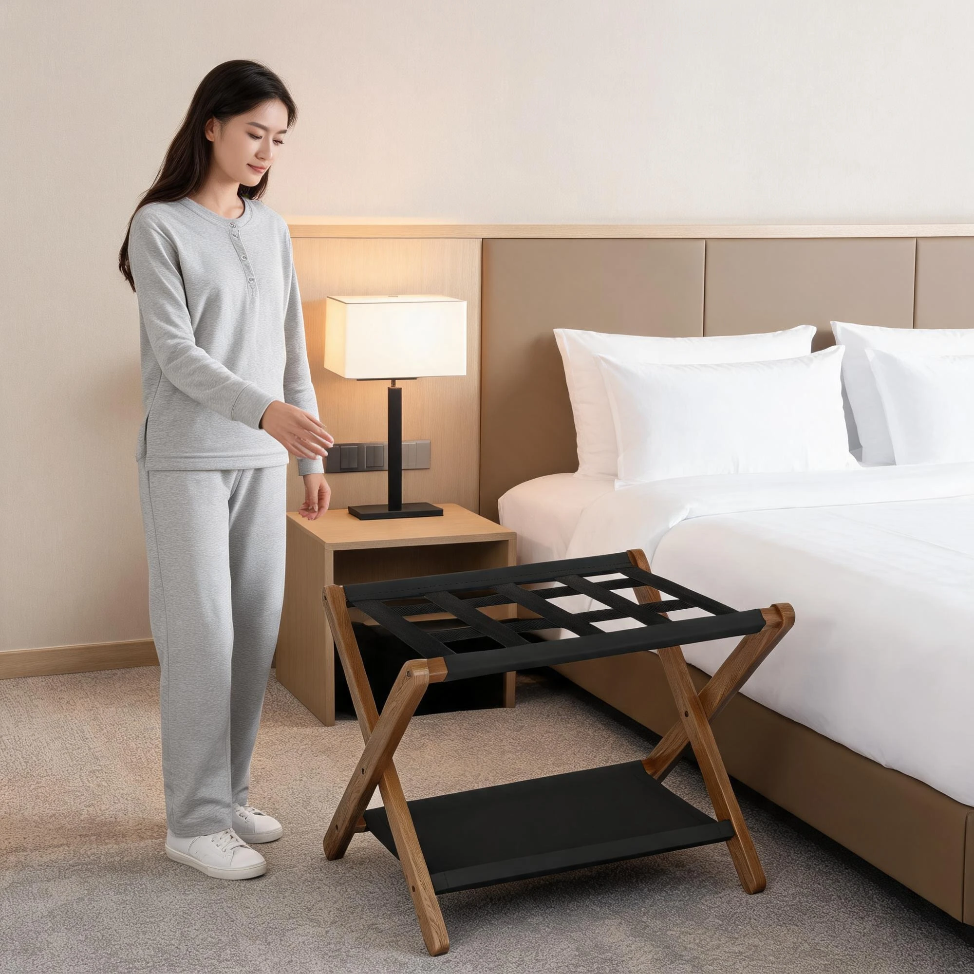 Wooden Folding Luggage Rack Double‑Tier Storage Shelf for Hotel Homestay Living Room Shoe Organizer