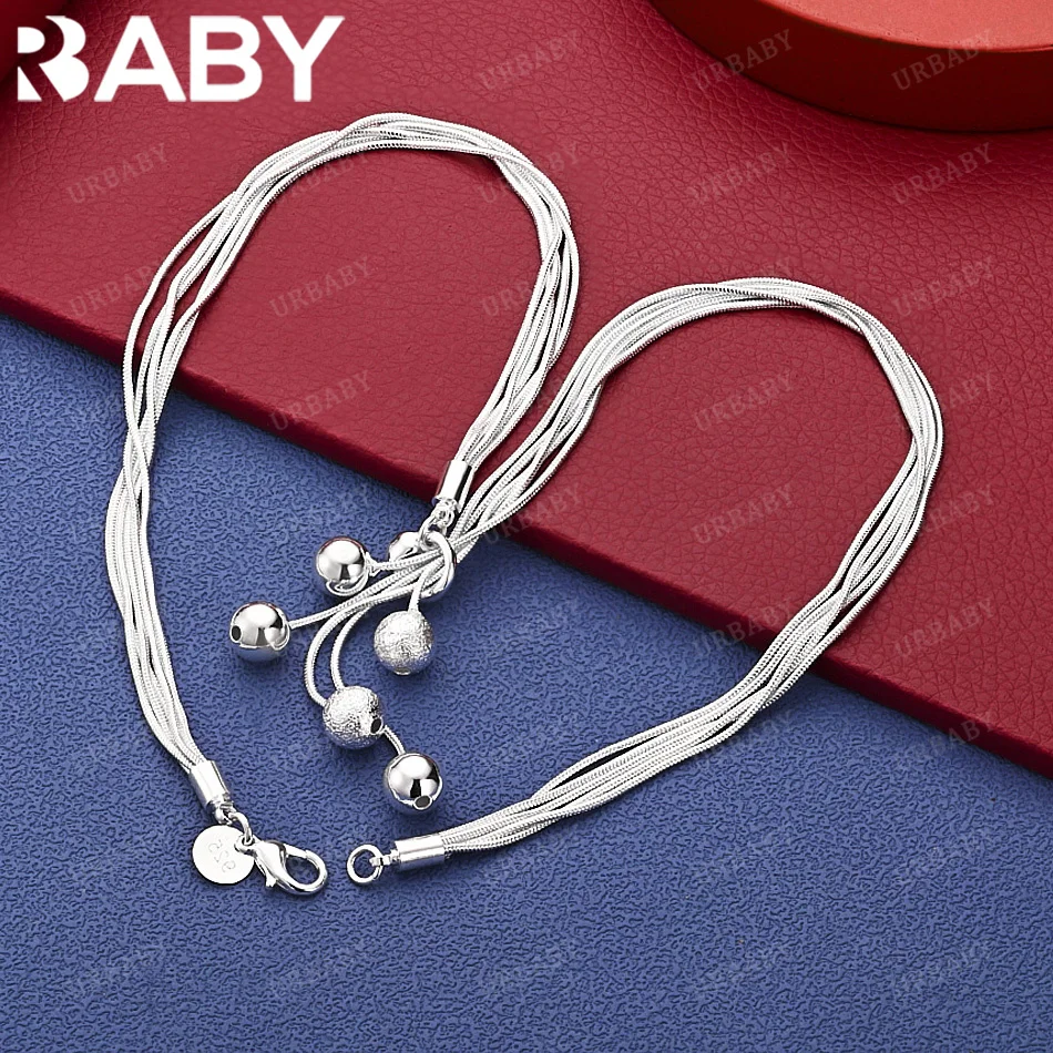 

URBABY 925 Sterling Silver Frosted Smooth Bead Multi Snake Chain Necklace Fashion Jewelry Noble Grace Banquet Gift