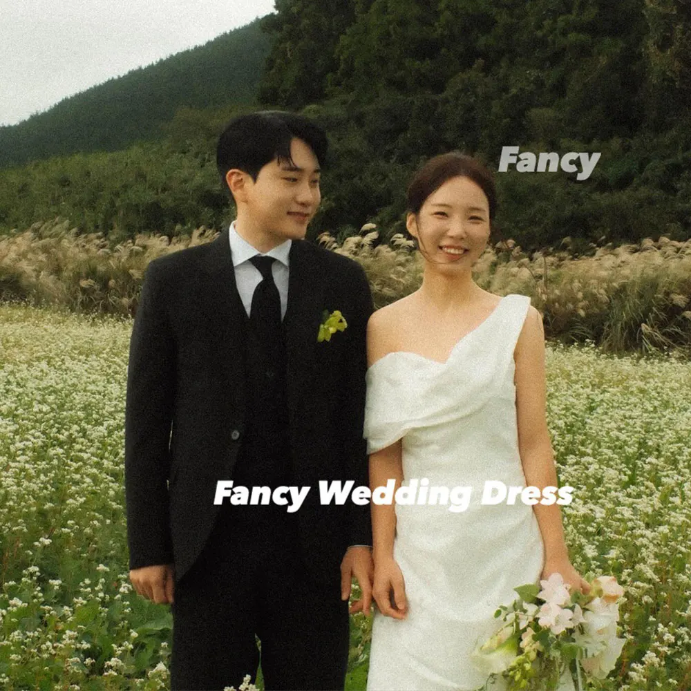 

Fancy Simple Korea Off Shoulder Wedding Dress Photo Shoot A Line Soft Satin Bridal Party Engegament Dresses Customized