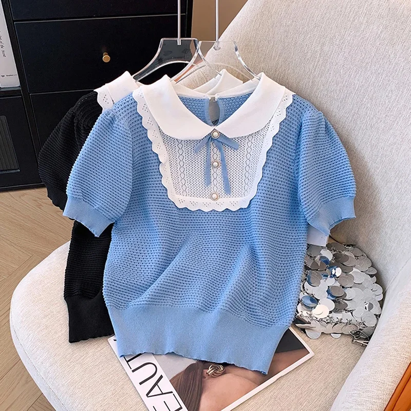 

Летний французский свитер с короткими рукавами, женский вязаный свитер с милым бантом, пуловер с воротником Питера Пэна, трикотажные топы, футболки 2026, женская одежда
