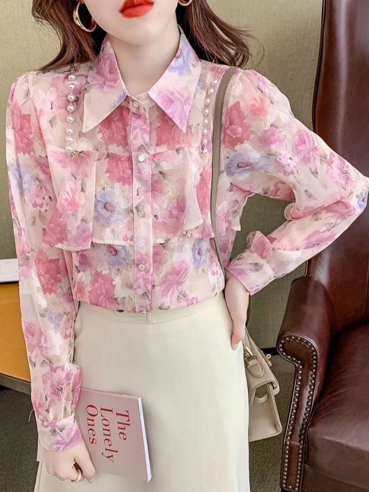 

Designer Chiffon Shirt with Pearl Ruffles 2026 Stylish Floral Print Versatile Long Sleeve Top for Women​