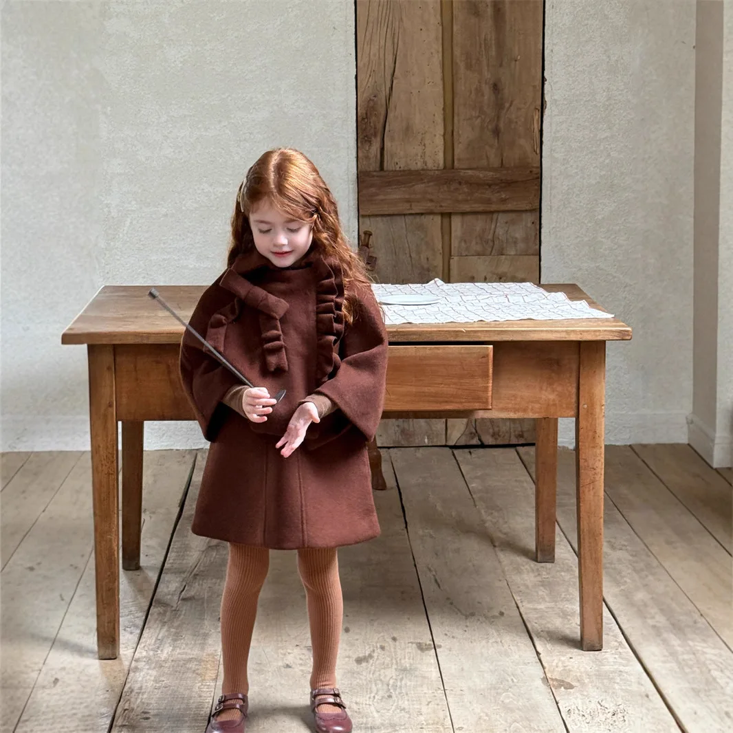 

Kids Baby Girl 2piece Set Winter Wool Solid Thick Warm Teen 3-8Y Girl Cape Jacket+retro Casual Children Girl Woolen Fabric Dress