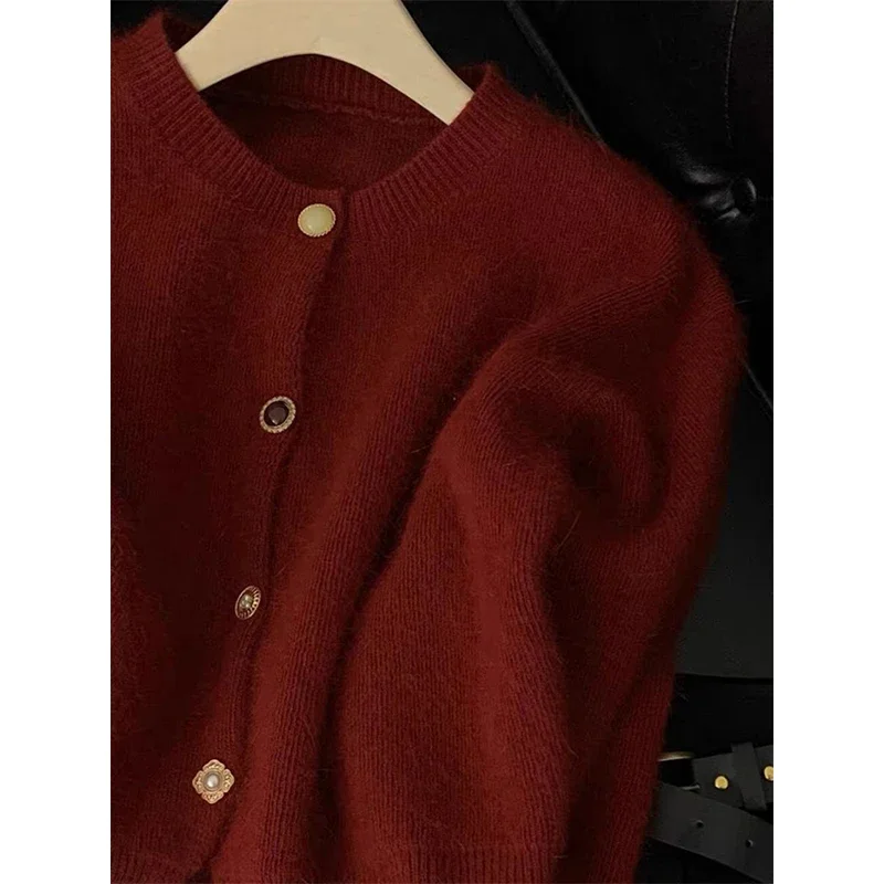 Vintage Cropped Knitted Cardigan Women Korean Long Sleeve Sweater Outerwears Winter Ladies Elegant Chic Knitwear Casual Jumpers