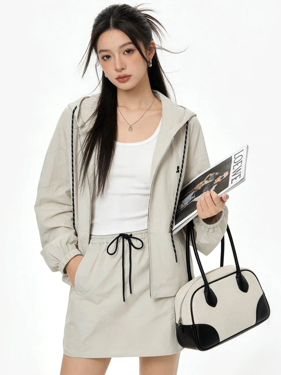 

Korean Sle Faionable Youthful Stand Collar Hooded Workwear Jaet Spring High Waist Skirt Set Breathable Medium Thi