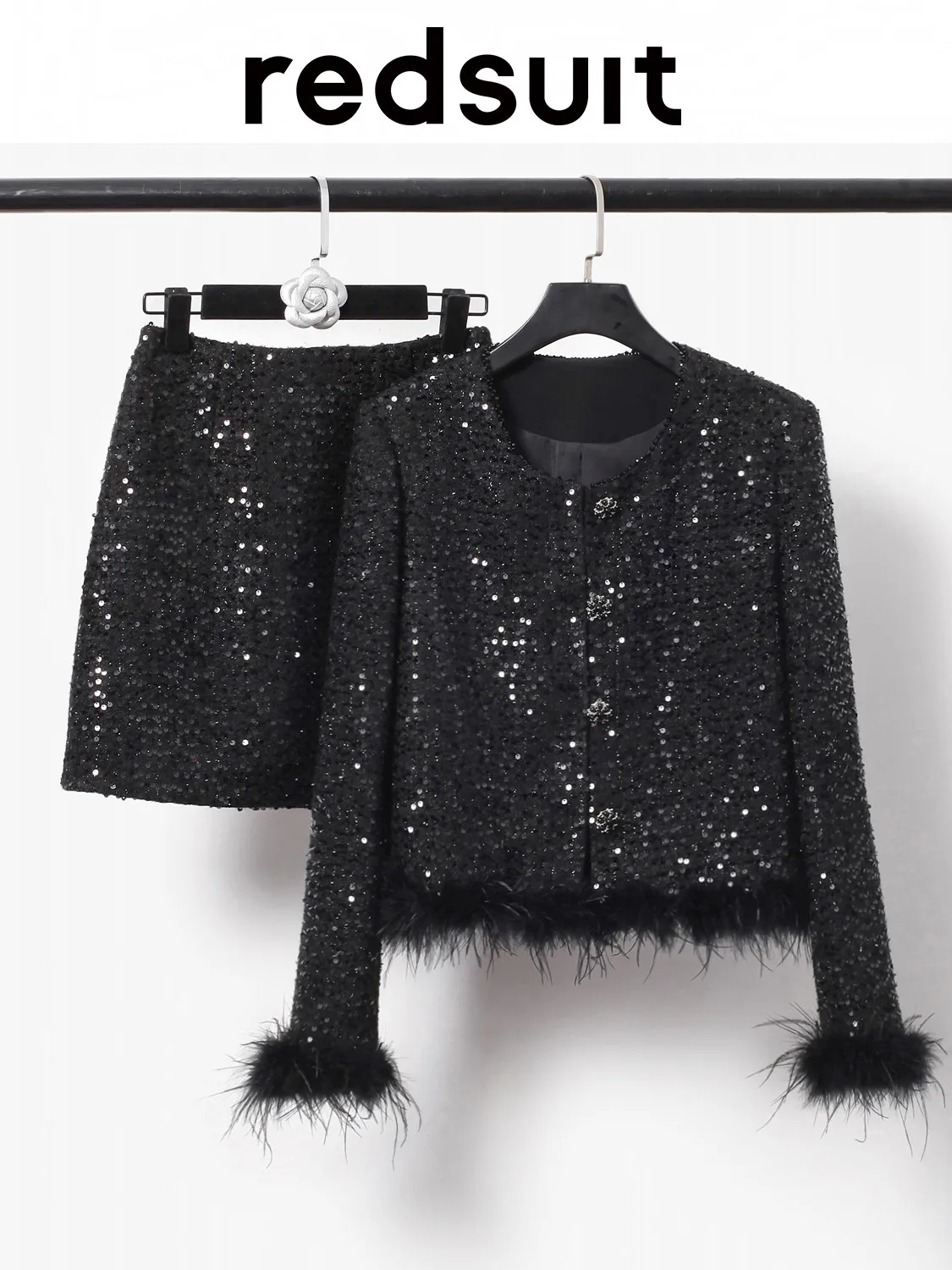 New Black sequined feather patchwork jacket+high-end half skirt set Can customize size