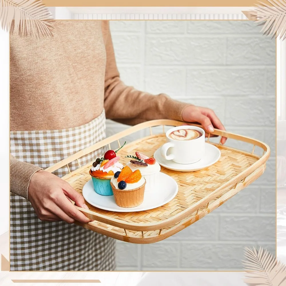 12 Pcs Bamboo Wicker Serving Trays 16.93x13 Inch Hand Woven Lap Trays for Eating Bed Tray Snack Holder