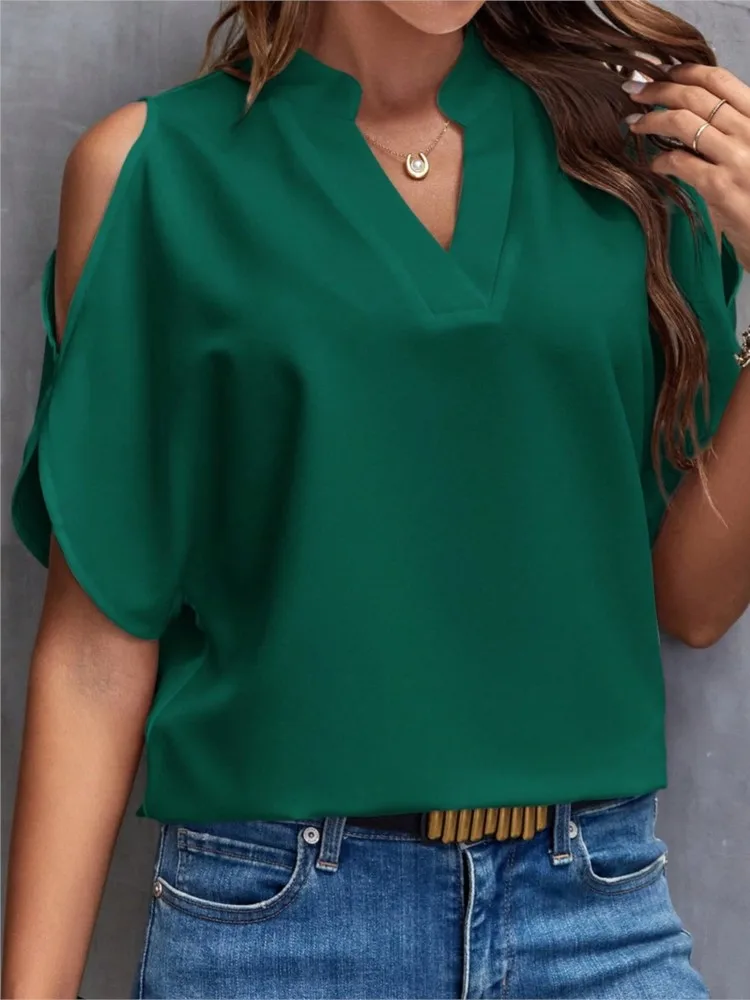 Women\'s Blouses 2024 Summer New V-neck Fashion Off Shoulder Half Sleeve Women White Chiffon Shirts  Loose Casual Tops For Women