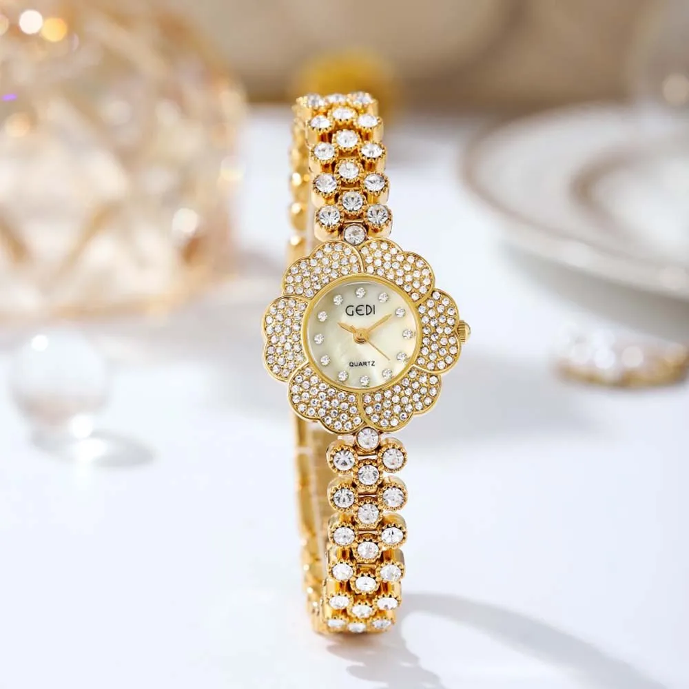 GEDI New Women's Watch Luxury  Flower Quartz Wristwatch Fashion Crystal-Embellished Bracelet Watch часы женские наручные reloj