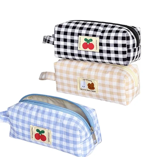 Bolsa de lápices bordada para tablero de cuadros, bolsa de papelería portátil de alta capacidad, bolígrafos Kawaii, bolsas de maquillaje para mujeres y niñas, suministros escolares