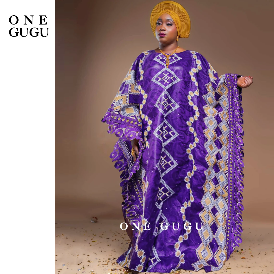 2024 Newest Nigerian Dashiki Boubou Dress Purple Color Mix Size African Traditional Wedding Dress Bazin Riche Brocade Boubou