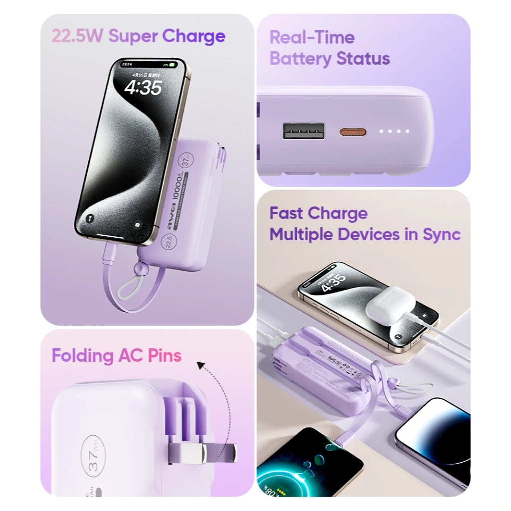 Awei P75K 10000mah Power Bank Fast Charging PD18W Comes With Plug And Cable Type c Light-ning Travel Essentials