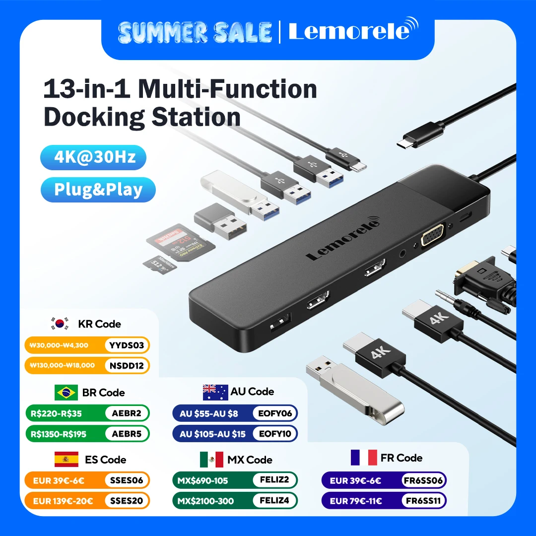 

Lemorele 13Ports USB Hub Type C Hub USB Docking Station Dual HDMI 4K30Hz VGA USB3.0 Adapter for Macbook Windows Laptop Hub