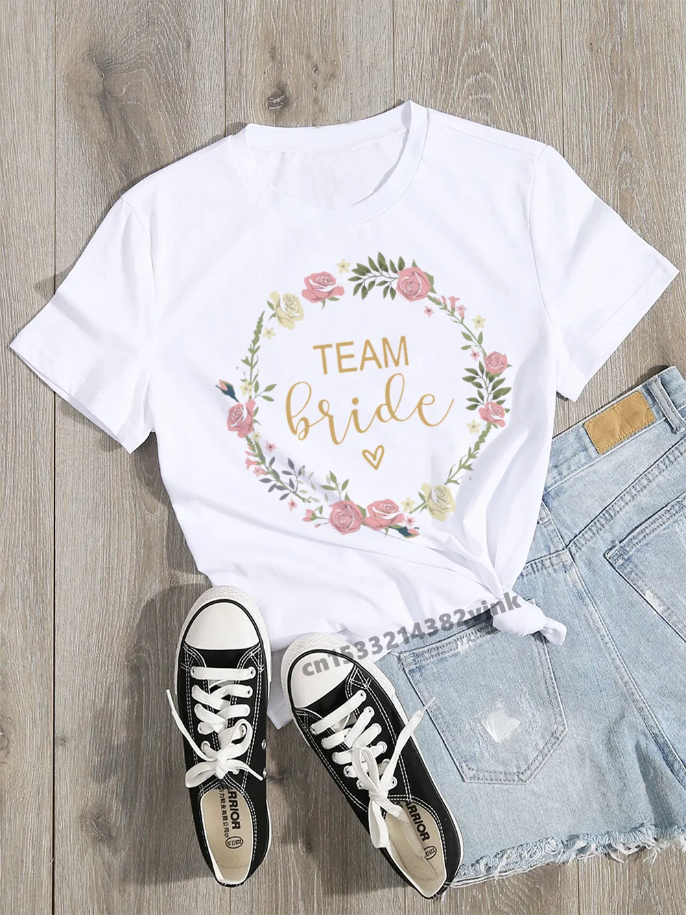 

Floral Team Bride Bachelorette Wedding Party Women Evjf Tee Shirt Casual ladies basic O-collar White Short Sleeved T-shirt Girl