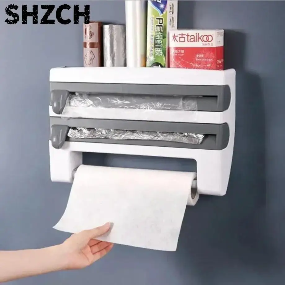 1 Pcs Kitchen Tools Cling Film Tissue Holder Sliding Knife Cutter Aluminum Foil Barbecue Cutting Box Towel Storage Racks