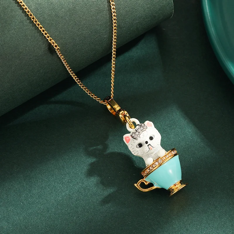 

1Pc Enamel Glaze Diamond Bow Teacup Dog Pendant,Cute Pet Animal White Puppy Bag Hanging Keychain,Charms Jewelry Necklace