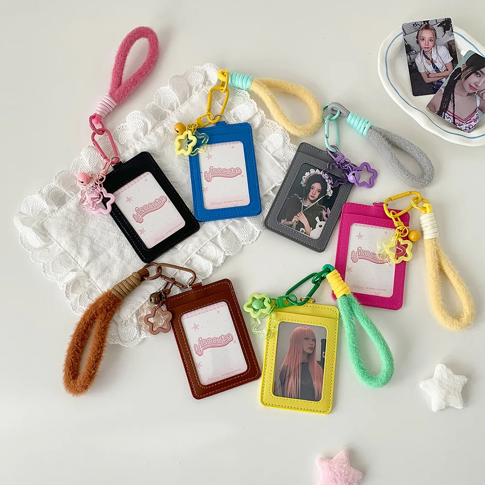 Solid Color Lanyard Card Holder Kpop 3 Inch Photocard Display Case Student Leather School ID Pouch