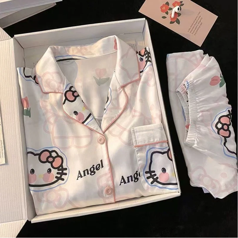 

Sanrio Sleepwear Women's Summer Short Sleeved Shorts Cardigan Set Super Cute and Sweet Kitty Cat Home Clothes