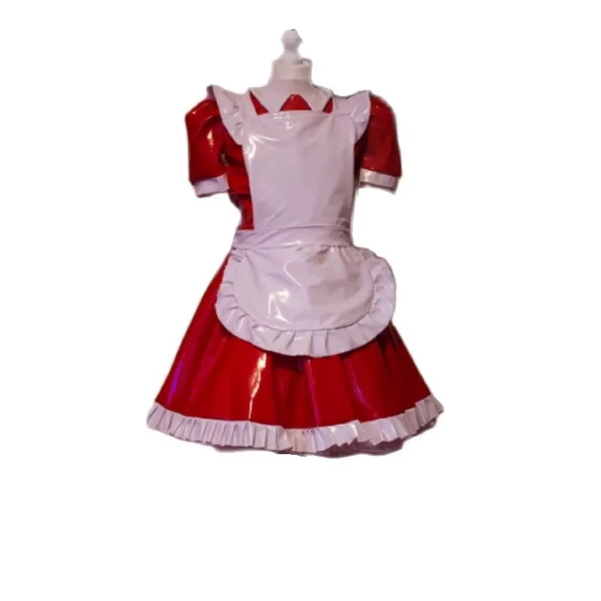 New Hot Selling Maid Crossdresser Party Adult Sissy Lockable PVC Red Independent Apron Lapel Short Sleeve Dress with Ruffle Edge