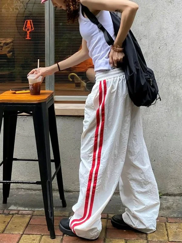 

Летние тонкие прямые брюки с широкими штанинами, повседневные, свободные, в американском ретро-стиле, с полосатыми вставками, спортивные, женские, с высокой талией, длинные