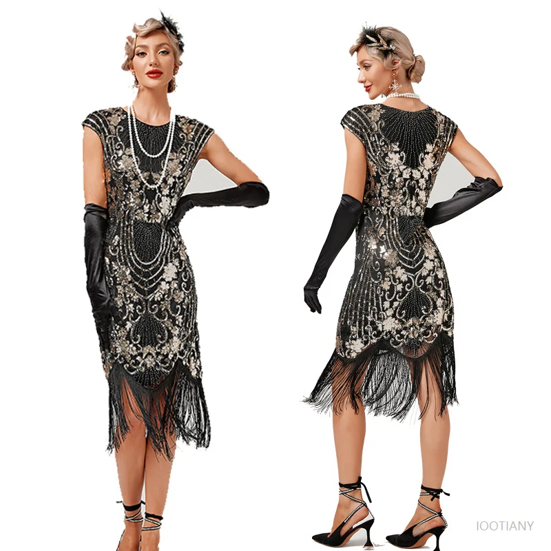 Womens 1920s Vintage Dress Court Trend Double Round Neck Sleeveless Beaded Sequin Fringe Dress Art Deco Birthday Party Gown 2025 view 5