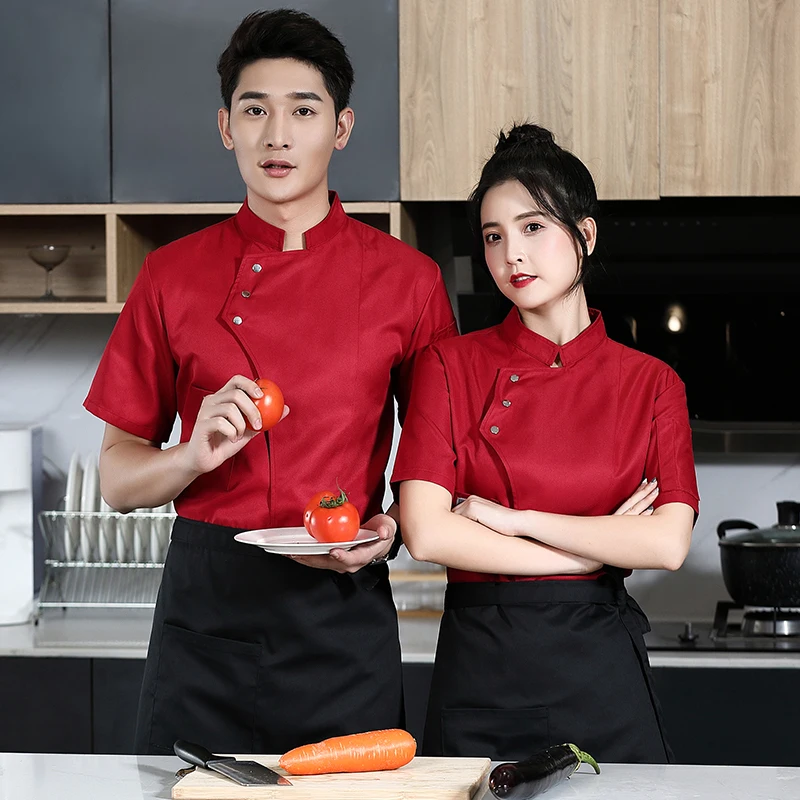 ฤดูร้อน Chef ชุดห้องครัวแจ็คเก็ตโรงแรม Workwear Breathable Men และ Women Cook เสื้อผ้าเสื้อสีขาวผ้ากันเปื้อนหมวก  เสื้อผ้าเชฟผู้หญิง ชุดเชฟชุดทำงาน เสื้อเชฟ หมวกทำอาหาร