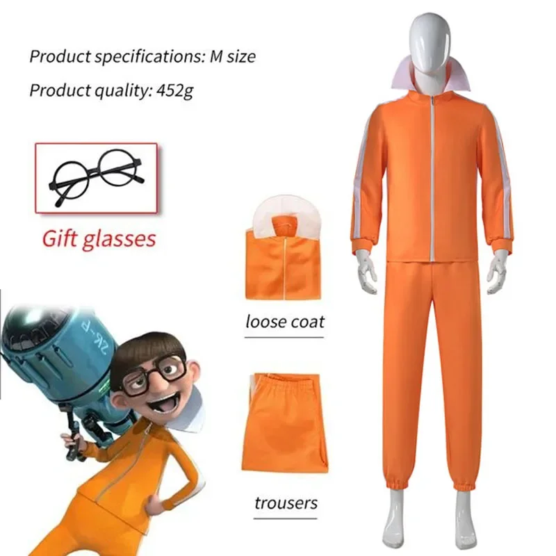 

Costume de Cosplay de film vectoriel, pantalon Jakect Orange, ensemble de lunettes, Costume fantaisie d'halloween, Costume