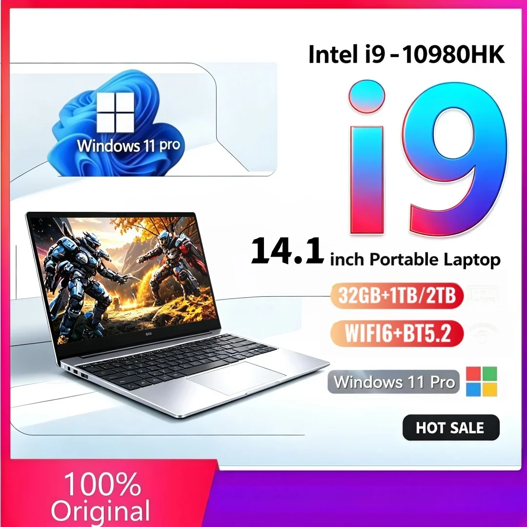 14.1 Inch Trendy Intel I9-10980HK Ultra Slim Laptop Office 16/32GB RAM 1/2TB BIG SSD Portable Laptop Study Bright Windows11