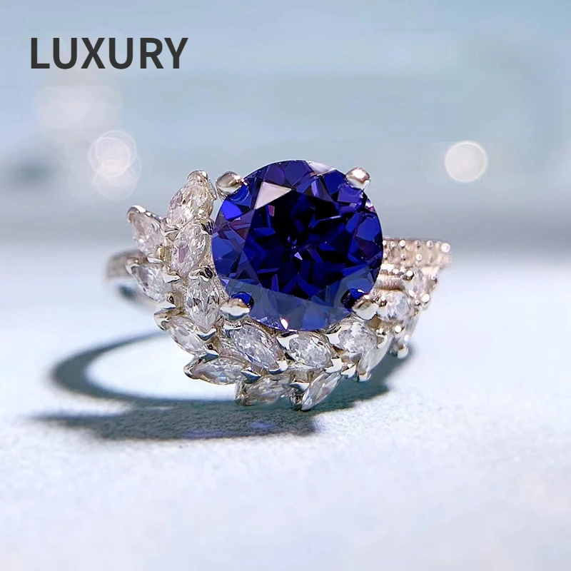 

Luxury S925 Sterling Silver Aquamarine 8mm High Carbon Diamond Rings For Women Sparkling Wedding Party Fine Jewelry cx976