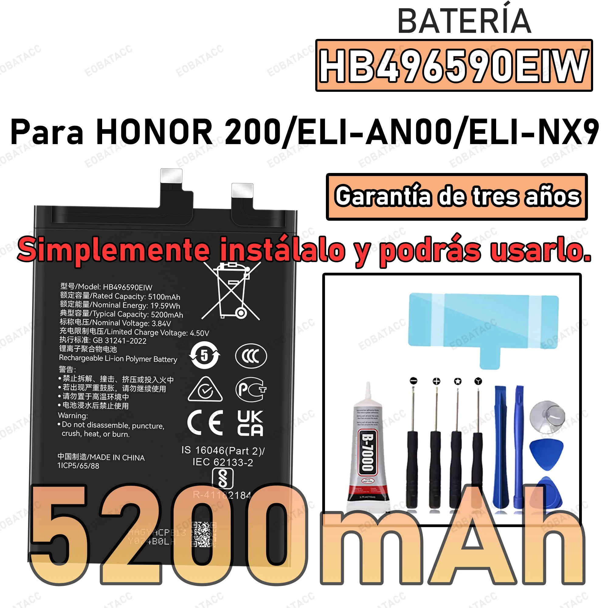 

100% New Zero Cycle HB496590EIW 5200mAh Battery for HONOR 200/ELI-AN00/ELI-NX9 Mobile Phone Batteries+Free Tools