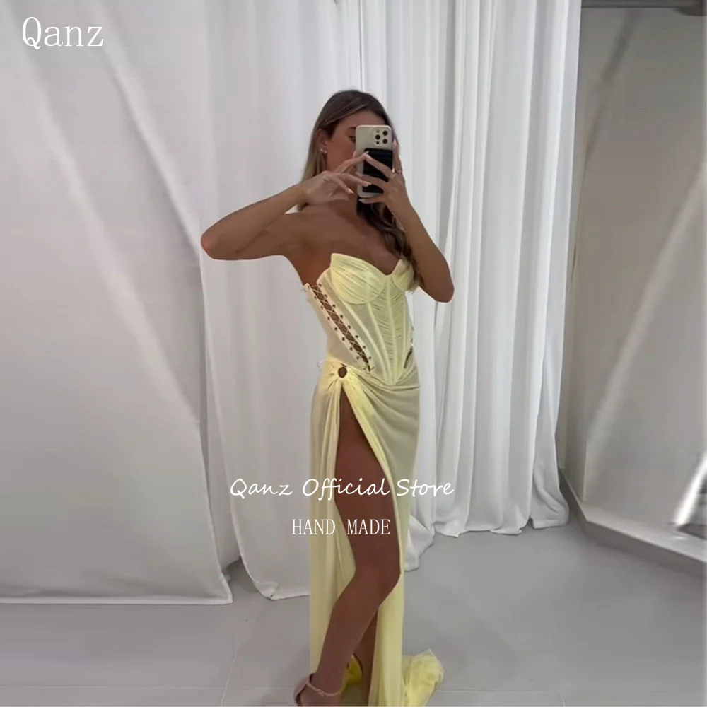 

Qanz Yellow Tulle Prom Dresses Sexy High Leg Slit Mermaid Birthday Dresses Luxury Sweetheart Corset Back Party Gowns Customized