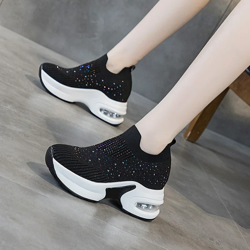 Air Mesh Platform Sneakers Wedge Crystal Shoes White Black Height Increased High Heel for Women Slip on Shoes Vulcanized New