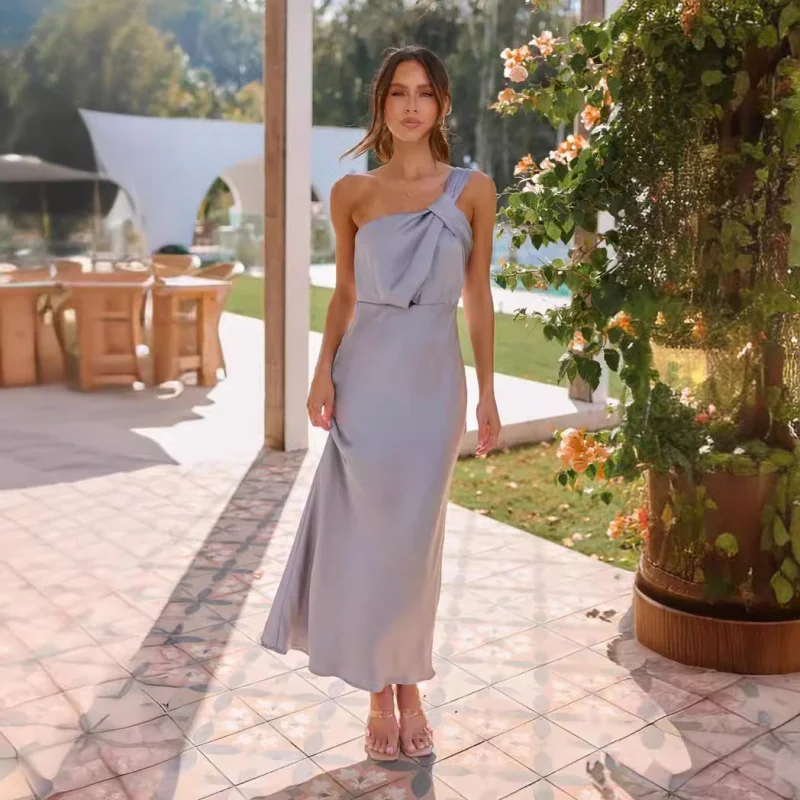 Robe trapèze sans bretelles, élégante, européenne et américaine, épaule unique, couleur unie, Style sud-est asiatique, nouvelle collection