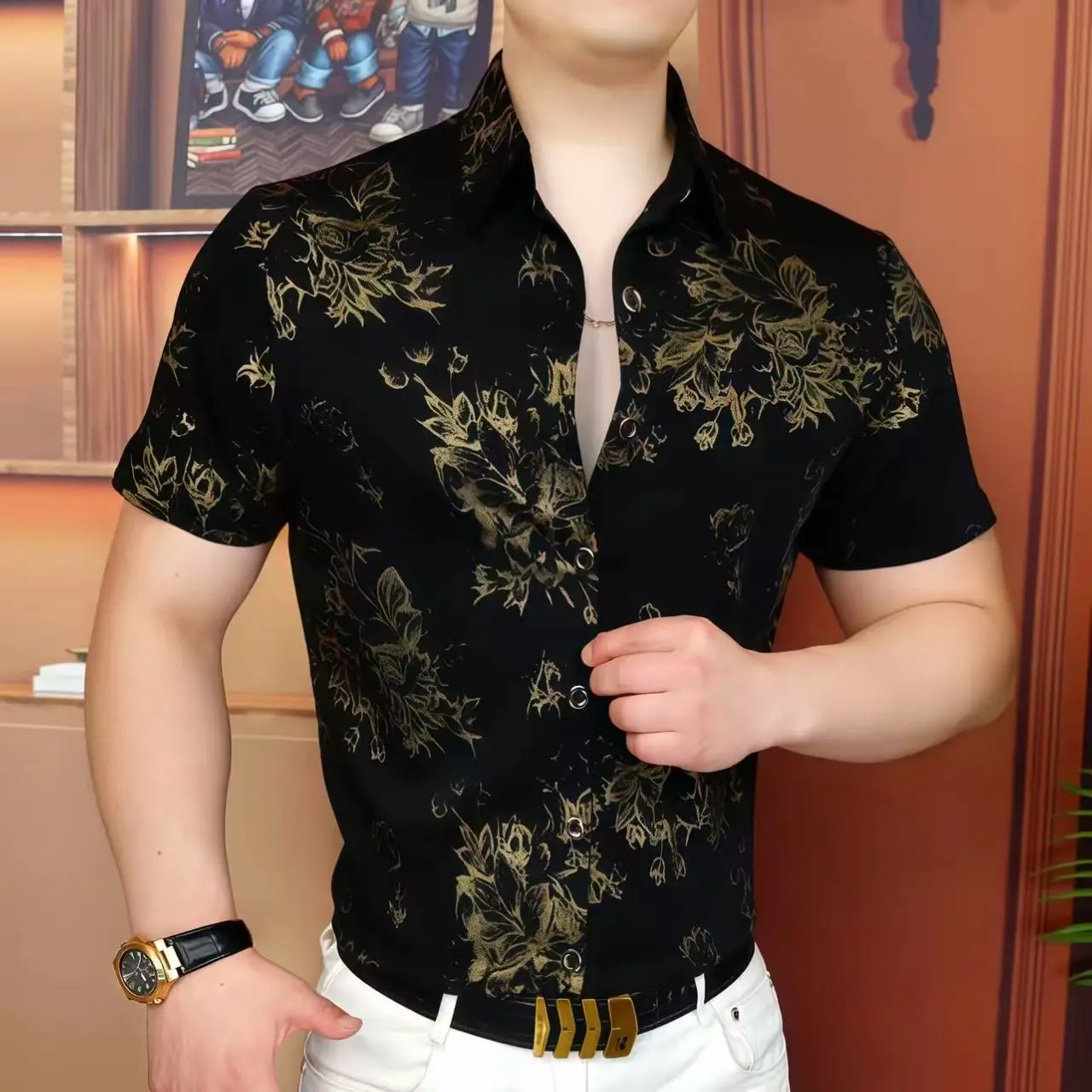 Luxury Velvet Printed Short Sleeved Shirt for Men Retro Social Casual Shirt Trendy and Versatile Street Wear Men's Clothing 2025