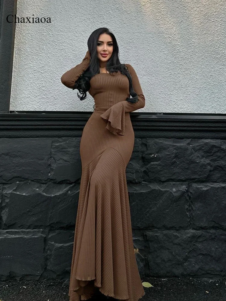 

Chaxiaoa Ribbed Elegant Dress Women O-Neck Solid Flared Sleeve Lace-Up Ruffles Hem Street Trend Stretch Classic Long Bodycon