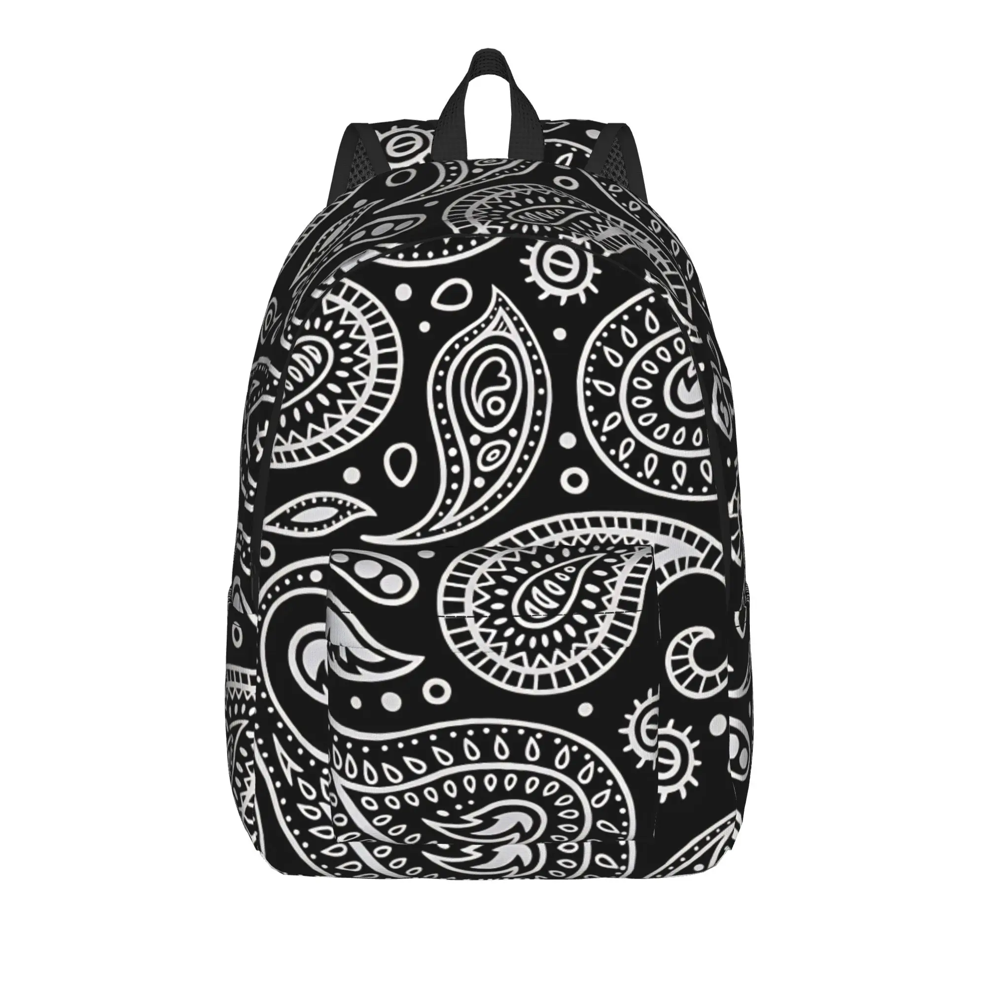 White Paisley Ethnic Boho Black Base Backpack  Streetwear Backpacks Boy Girl Trekking Soft High School Bags Colorful Rucksack