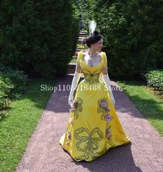 Yellow Vintage Victorian Prom Dress Elegant v Neck Halter Stimulating 3D Floral With Train Renaissance Robes De Soirée