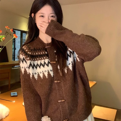 여성용 스웨터 루즈핏 긴팔 라운드넥 보온 가을겨울 레트로 깊은 갈색 뜨개질 여유로운 여성용 스웨터 니트 스웨터