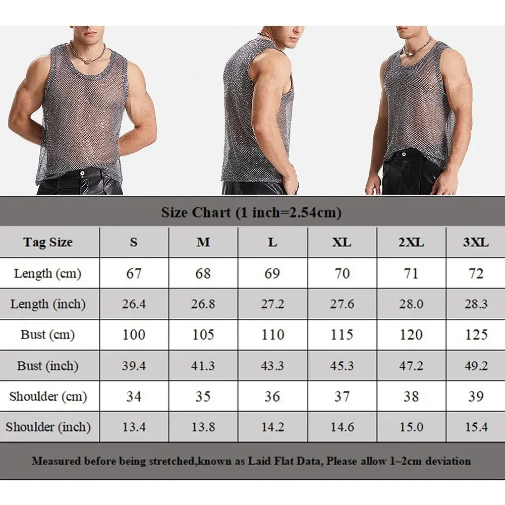 Mens Sexy Mesh Sequins Hollow Out Muscle Tank Top Sleeveless Glitter Sheer Transparent Vest Fishnet Party Tops Simple Male Vest