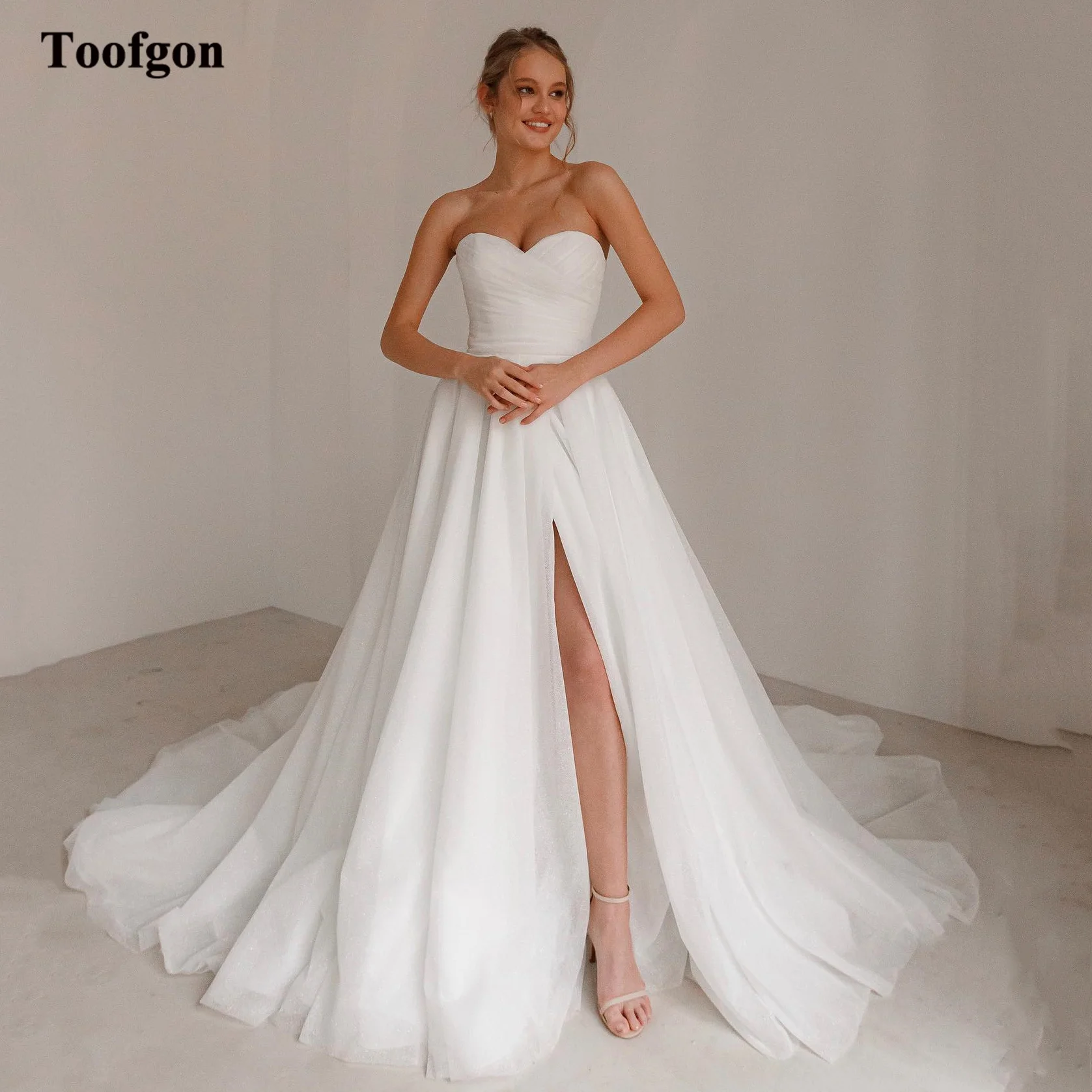 

Toofgon Simple A Line Tulle Wedding Dresses Pleated Elegant Leg Slit Formal Bride Dress Sweep Train Women Party Bridal Gowns