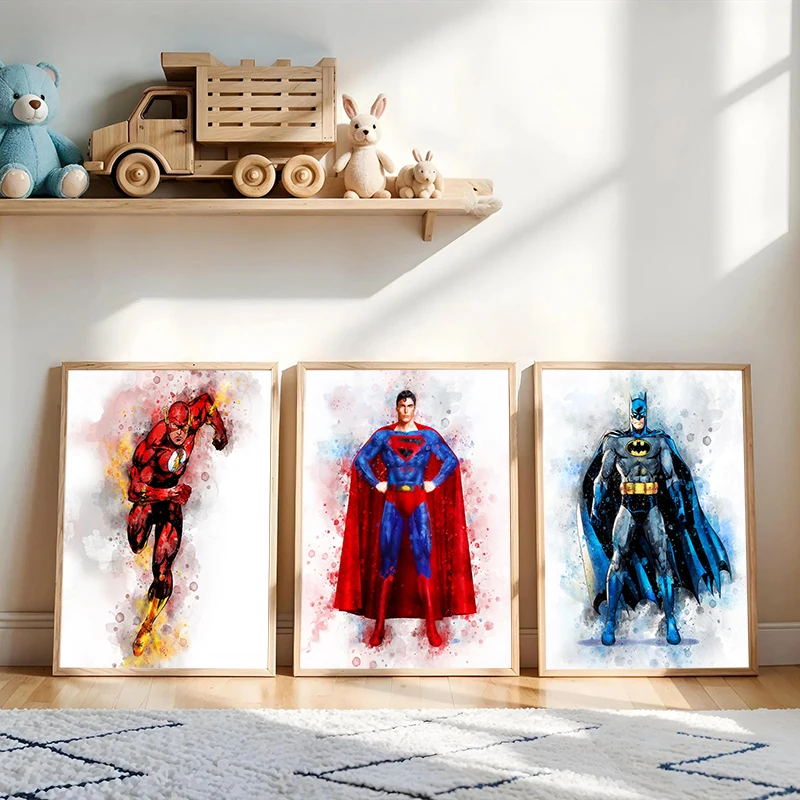 Póster de película de superhéroes, Batman, The Flash, Superman, impresión artística en acuarela, pintura en lienzo de película de superhéroes clásicos, decoración para habitación de niños