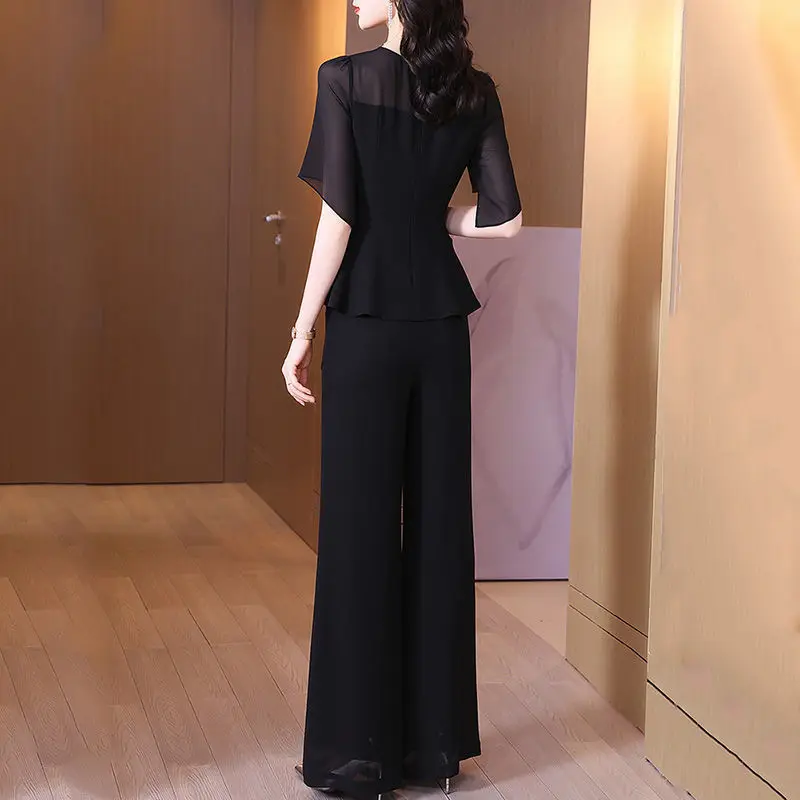 Chiffon Wide Leg Pants Set Women 2022 Summer Suit For Women 2 Piece Sets Women Outfits Fashion Black Women Clothing