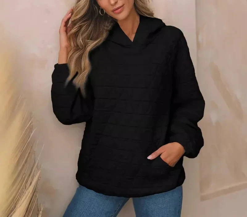 2024 Autumn New Solid Color Women's Hoodie Casual Style Pocket Quilted Long Sleeve Top