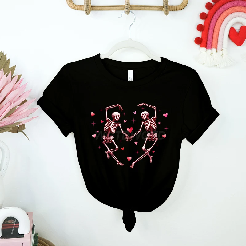 Dancing Pink Skeletons Funny T Shirts Together for Eternity T-shirt for Women Cute Gift for Her Valentine's Day Fashion T-shirts