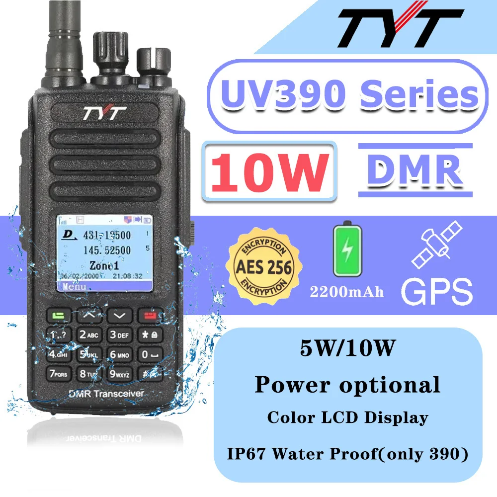 10W Walkie Talkie TYT MD-UV390 PLUS Aes256 Radio GPS IP67 Battery Optionele Waterproof VHF/UHF Dual Band Digitale Walkie Talkie