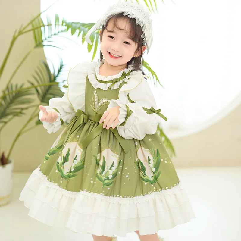 2026 Summer New Hot Selling Children's White Splicing Green Lolita Wind Cotton Lined Dress