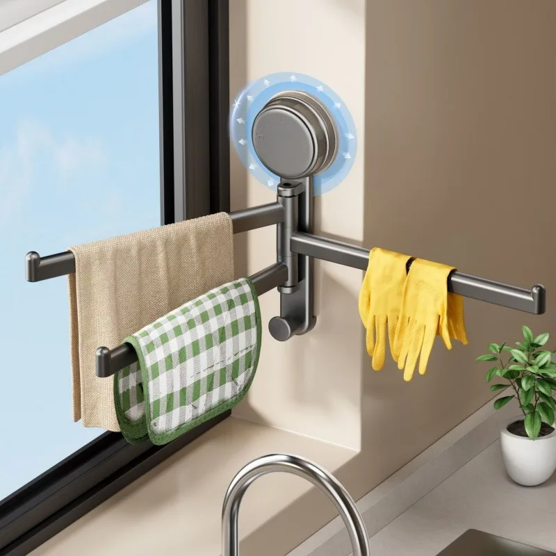 Rotatable Multi-rod Kitchen Cloth Rack Suction Cup Dish Sink Window Sill Drainer Wall Mounted Towel Storage Household Organizer