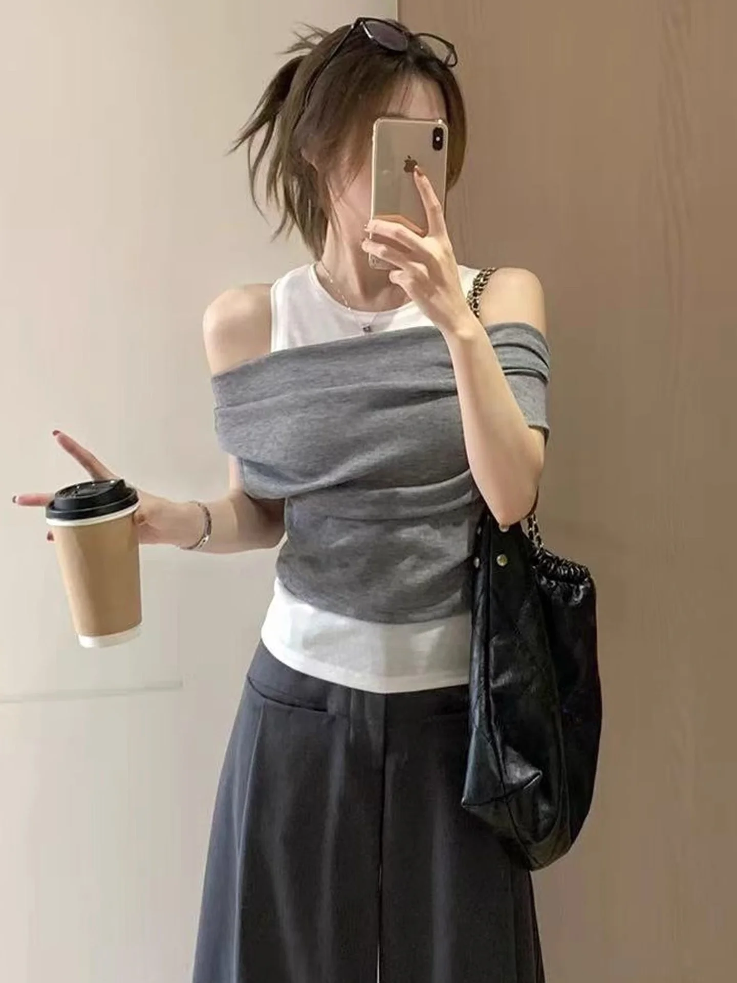 Faionable Summer ort Sve Camiseta Prendas de abrigo para mujer Falso de dos piezas con hombros descubiertos Chaleco picante para niña Top Commute Sle Sli...