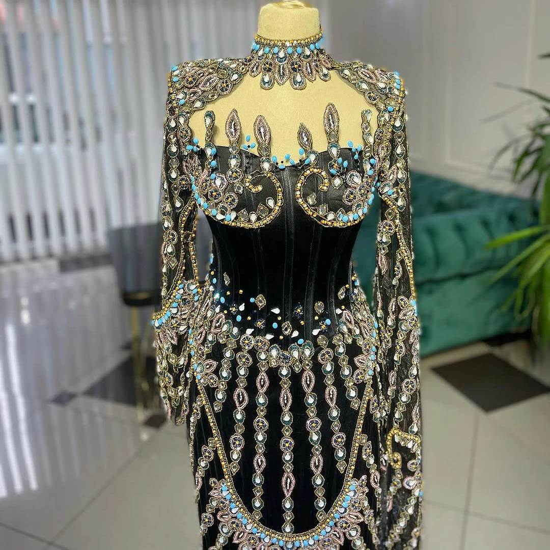 2025 Black Evening Dresses Heavy Beading Luxury Full Sleeve Cocktail Party Prom Dresses