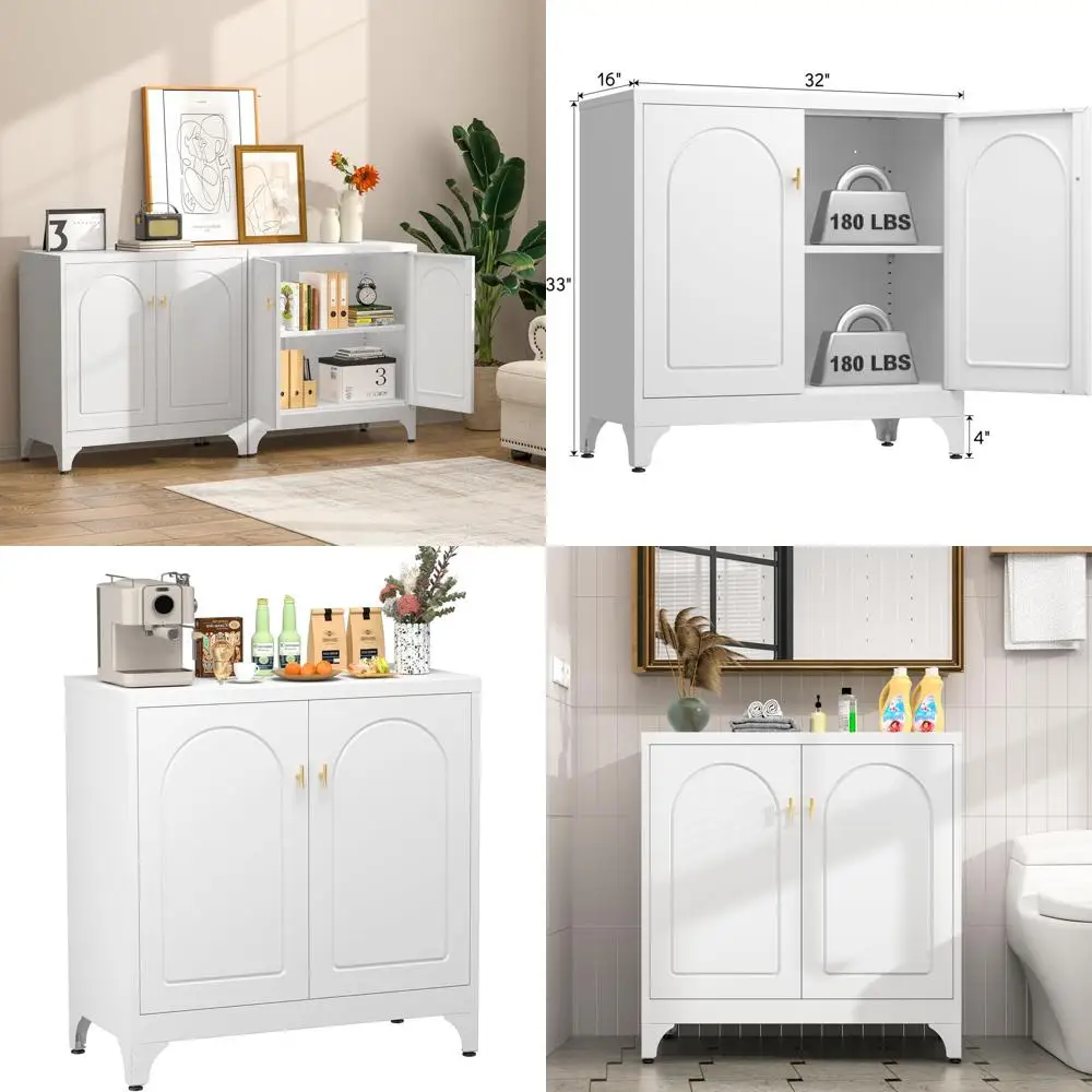 

33 High Kitchen Buffet Cabinet with Doors, Adjustable Shelves, Modern Sideboard Console for Dining and Living Room, White, Assem