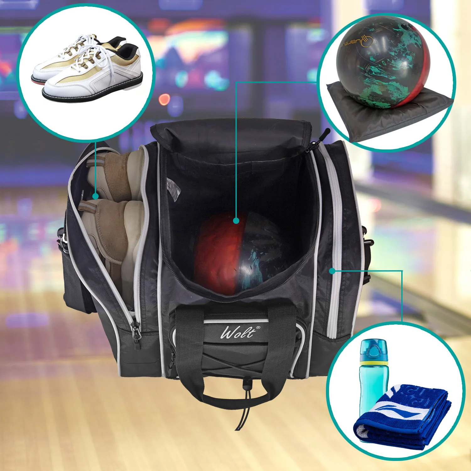 WOLT Bowling Ball Bag for Single Ball - Bowling Ball Tote Bag with Padded Ball Holder, 2 Pockets fit Bowling Shoes Up to Mens Si